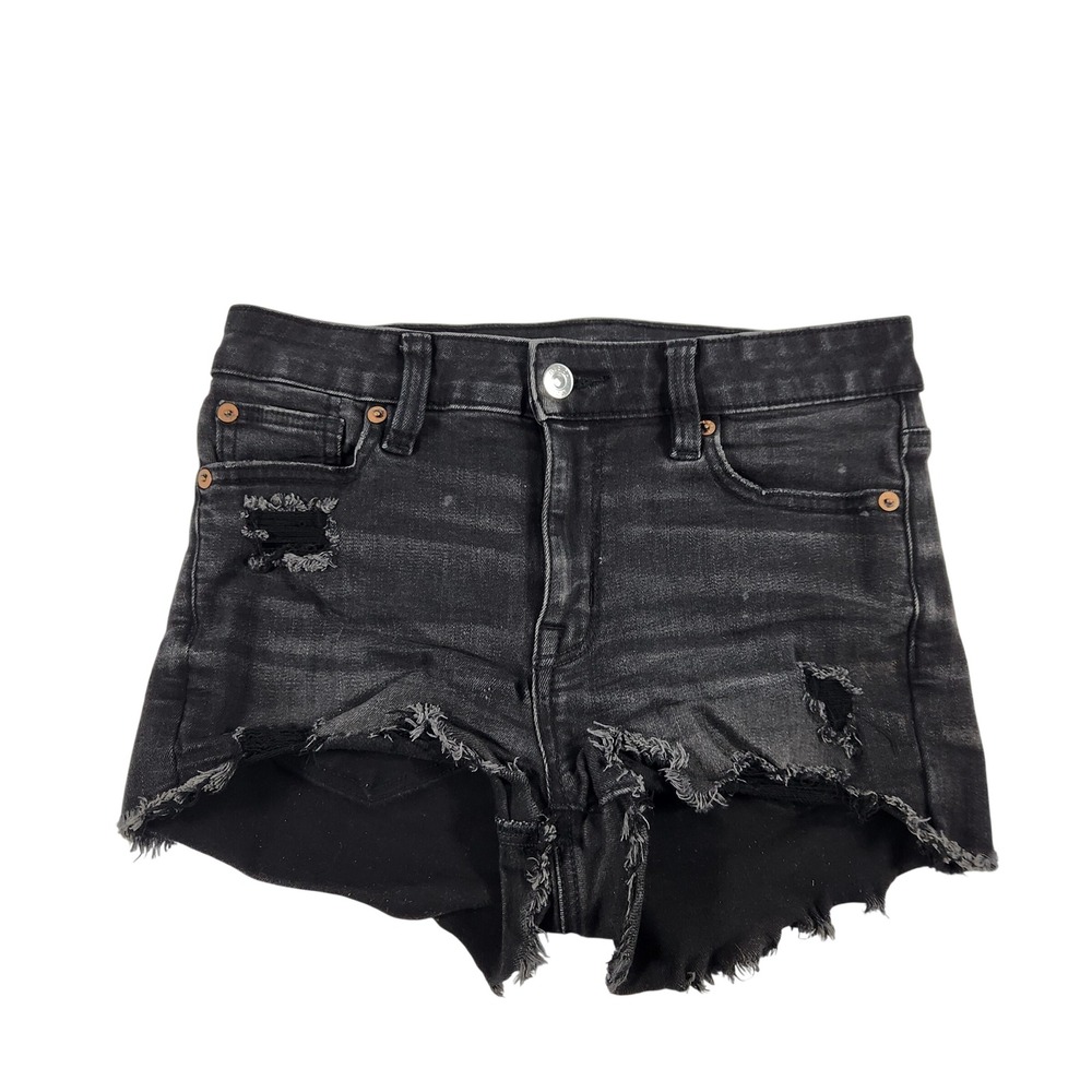 American Eagle High Rise Shortie Black Distressed Denim Cut Off Shorts Size‎ 0